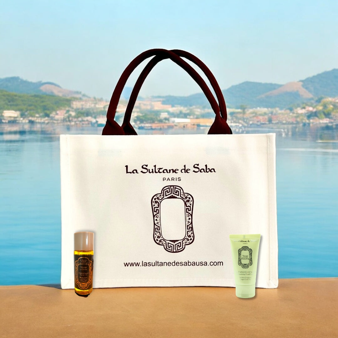 Luxury Summer Tote Bag & Amber Musk Sandalwood Beauty Oil 50ml & Ginger Green Tea Hand Cream