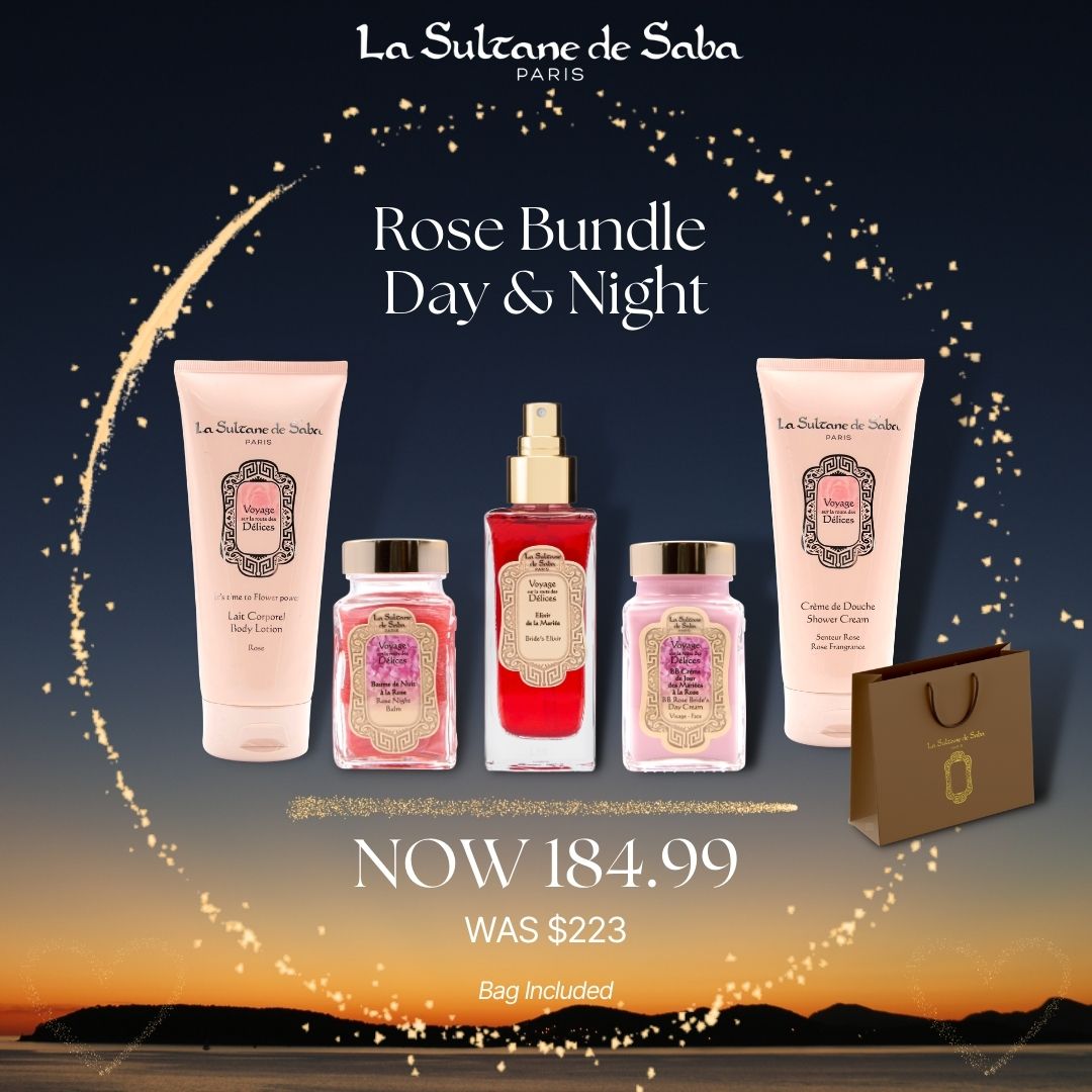 Load image into Gallery viewer, Rose Bundle Day &amp; Night. Night Balm, Body Lotion, Elixir and Shower Cream
