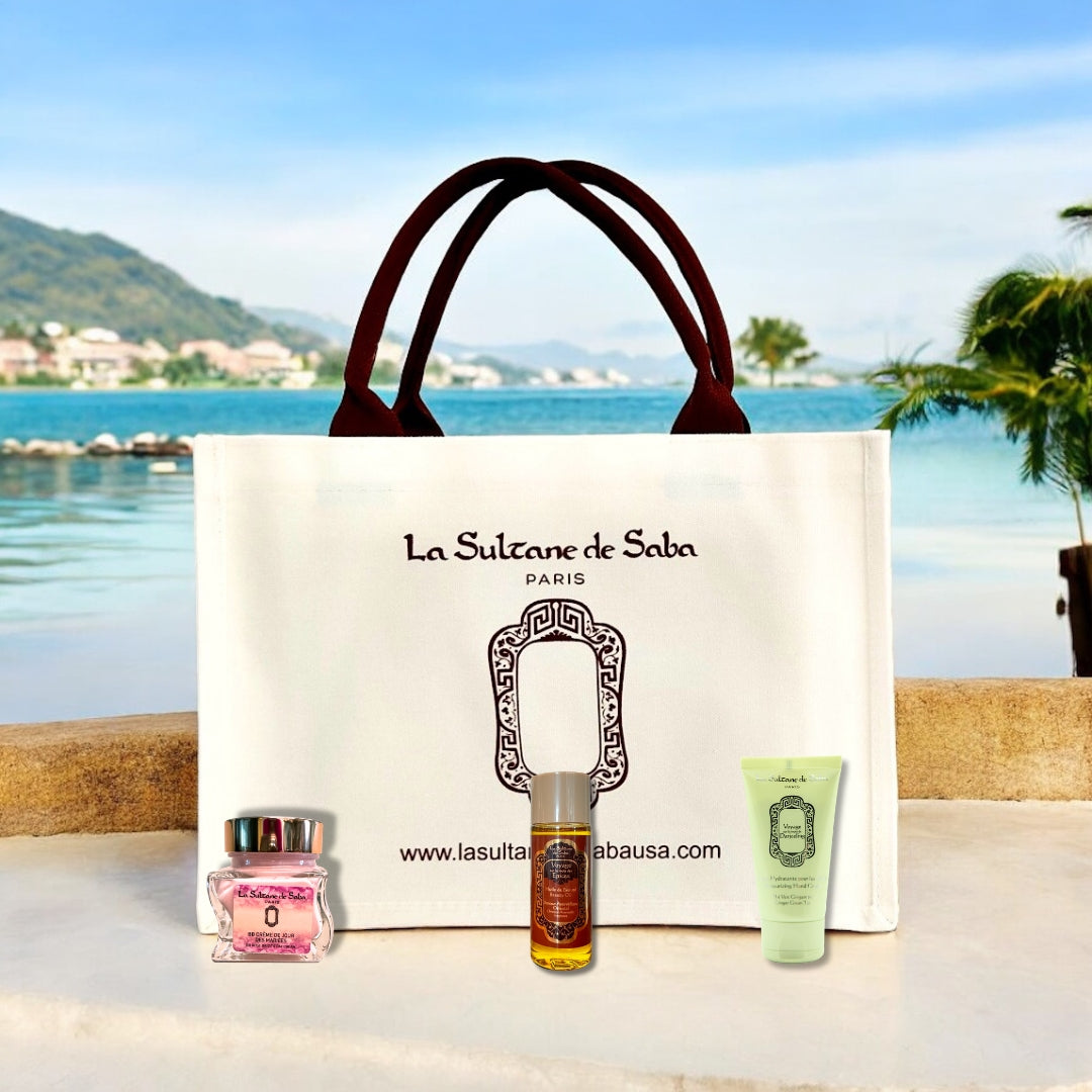 Load image into Gallery viewer, Luxury Summer Tote Bag &amp; BB Cream 50ml &amp; Ginger Green Tea Hand Cream &amp; Ayurvedic Oil
