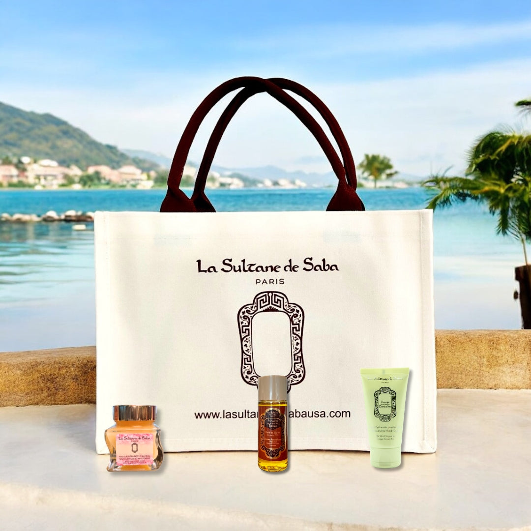 Load image into Gallery viewer, Luxury Summer Tote Bag &amp; Honey Rose Ginger Mask 50ml &amp; Ginger Green Tea Hand Cream &amp; Ayurvedic Oil
