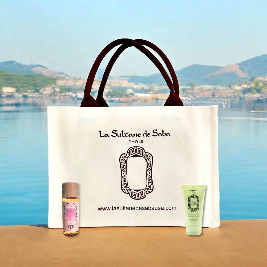 Load image into Gallery viewer, Luxury Summer Tote Bag &amp; Rose Beauty Oil 50ml &amp; Ginger Green Tea Hand Cream
